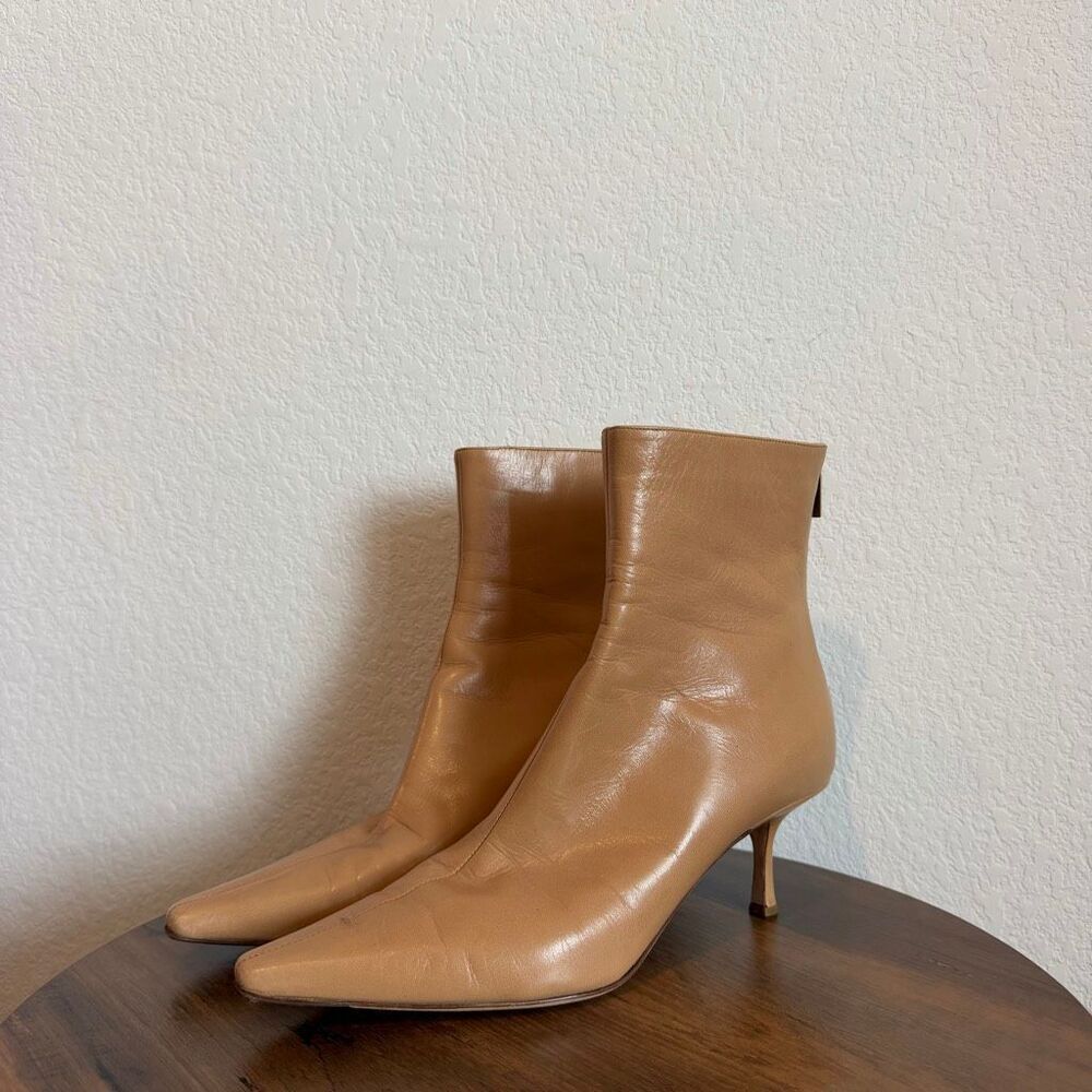 Jimmy Choo Tan Camel Leather Heeled Ankle Boots Booties Women's Size 39 US 9